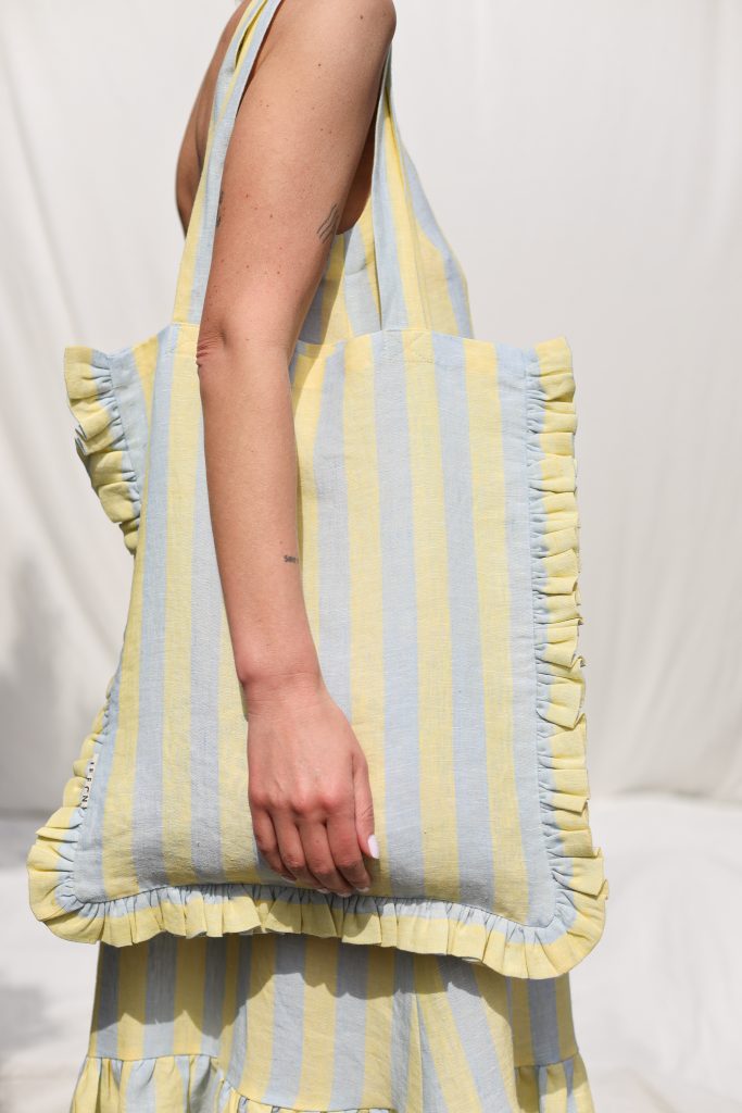Striped Linen Tote Bag with Ruffles | Bags | Sustainable clothing | OffOn clothing