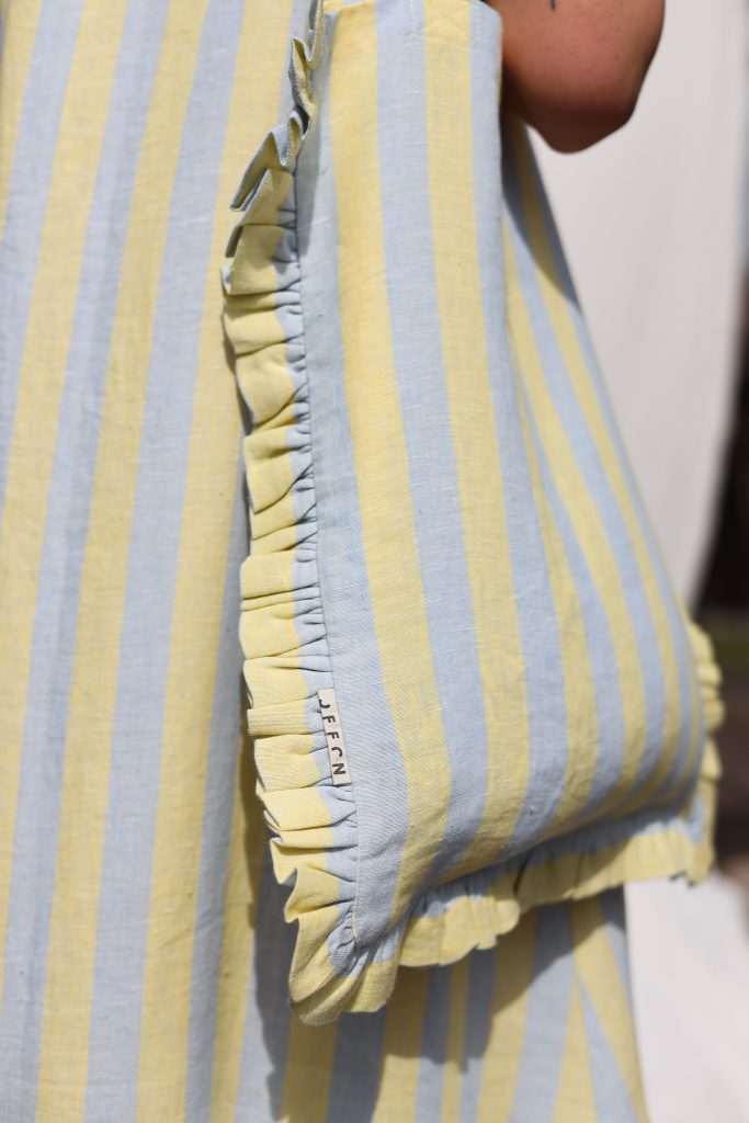 Striped Linen Tote Bag with Ruffles