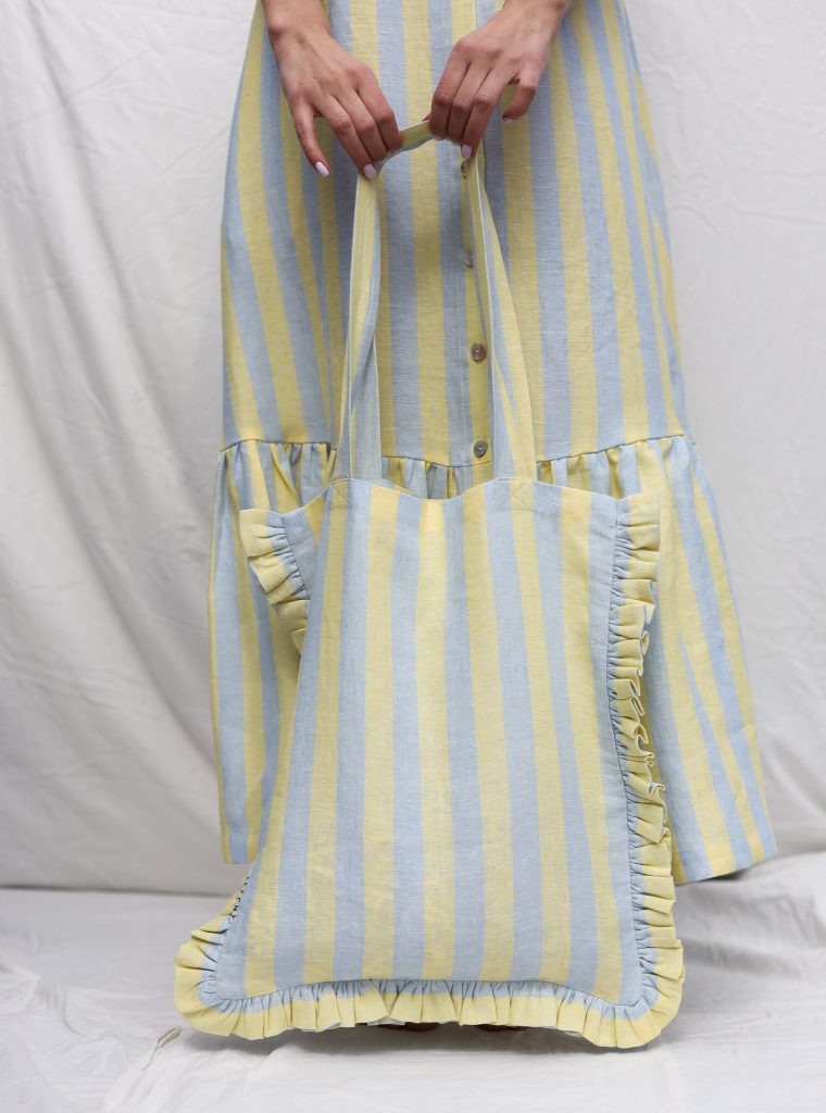 Striped Linen Tote Bag with Ruffles