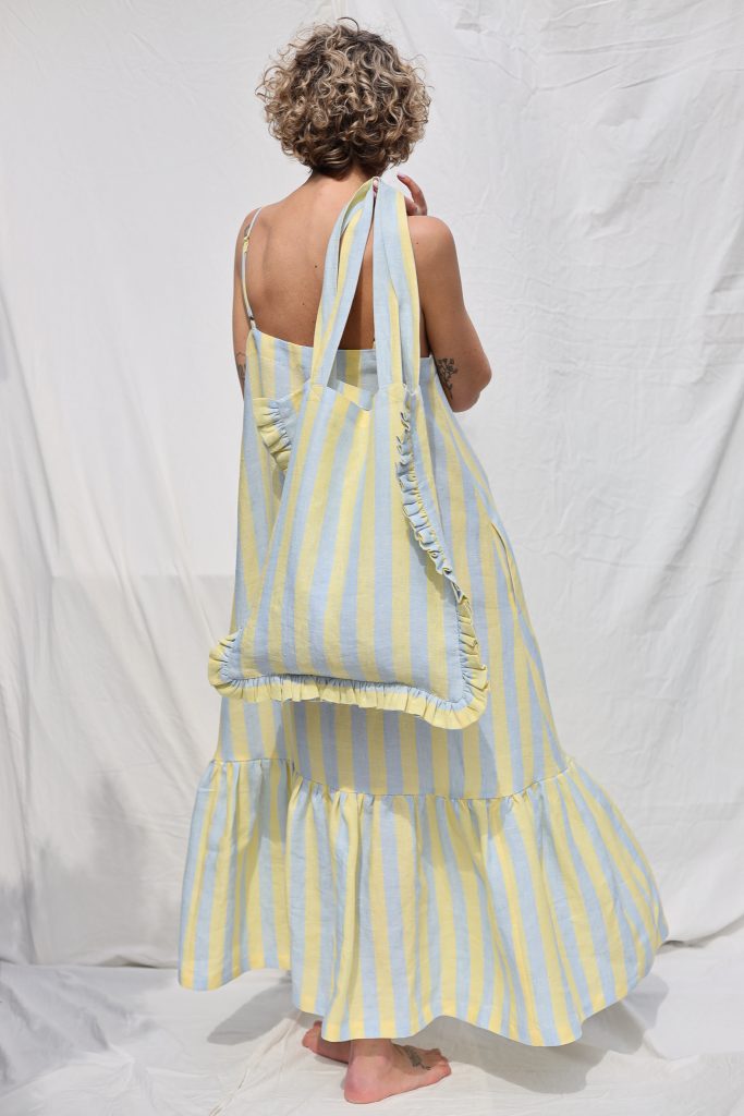 Striped Linen Tote Bag with Ruffles