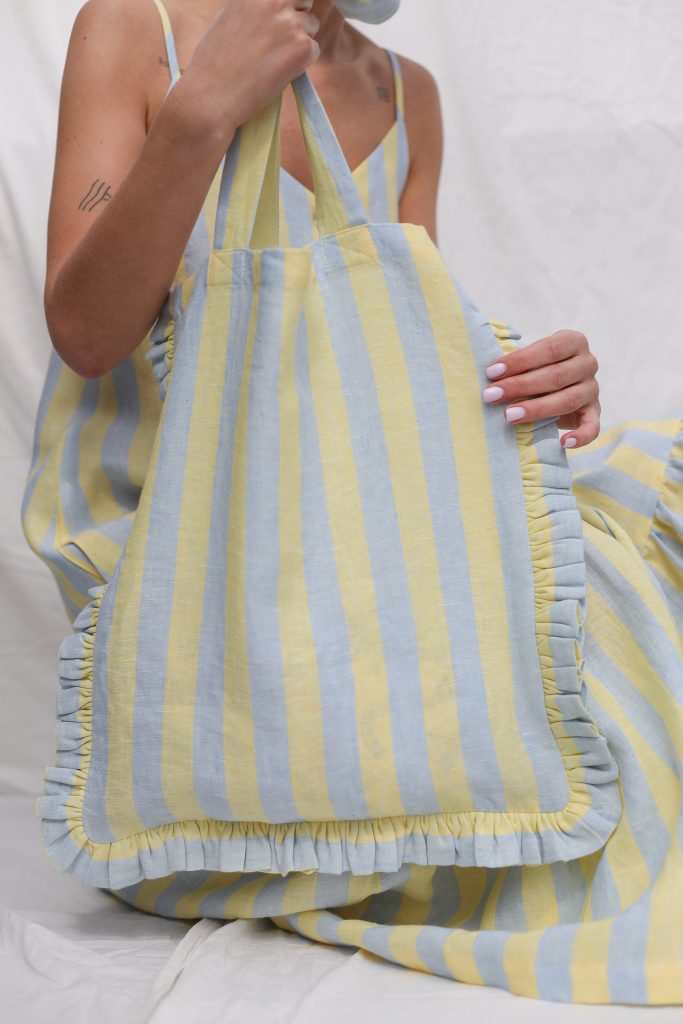 Striped Linen Tote Bag with Ruffles