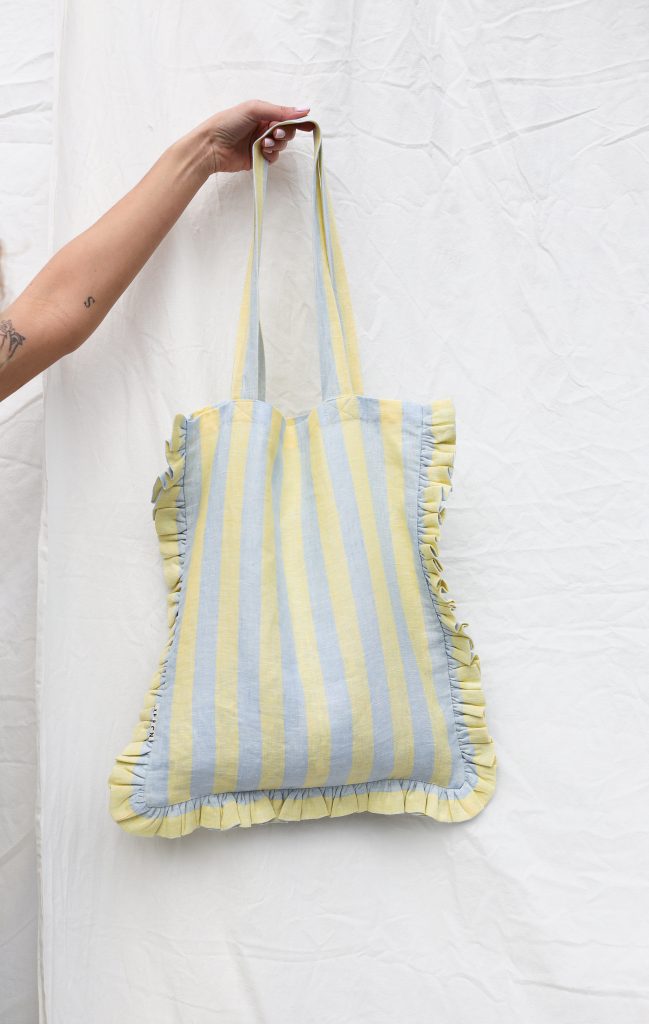 Striped Linen Tote Bag with Ruffles