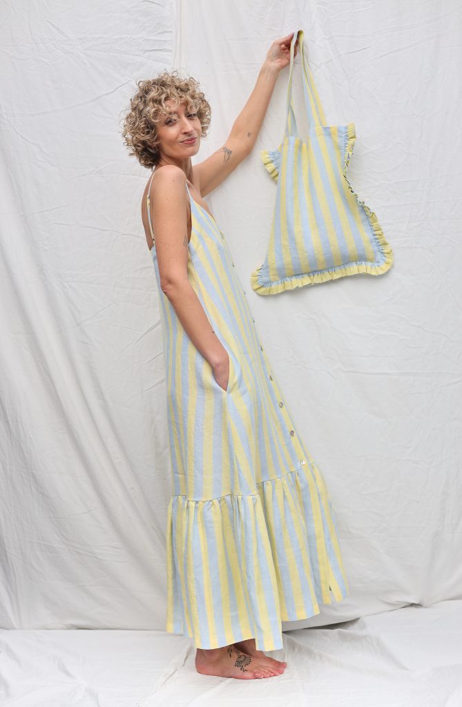 Striped Linen Tote Bag with Ruffles