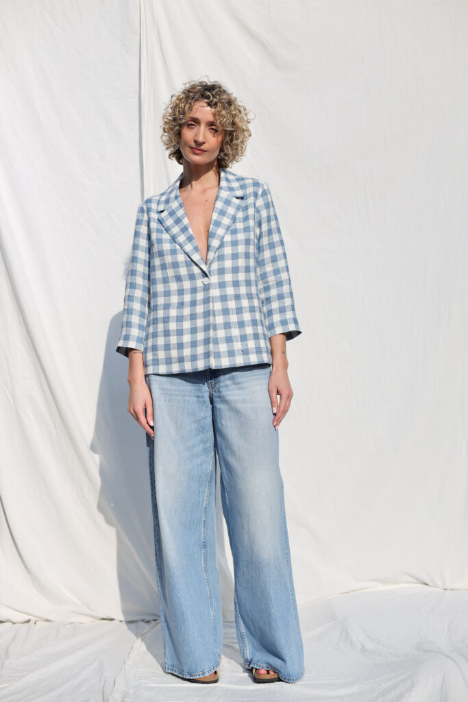 Light Blue Checks Linen Blazer with 3/4 Sleeves