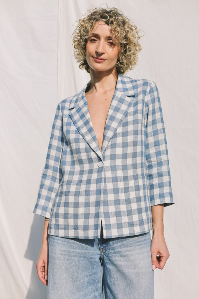 Light Blue Checks Linen Blazer with 3/4 Sleeves | Jackets | Sustainable clothing | OffOn clothing