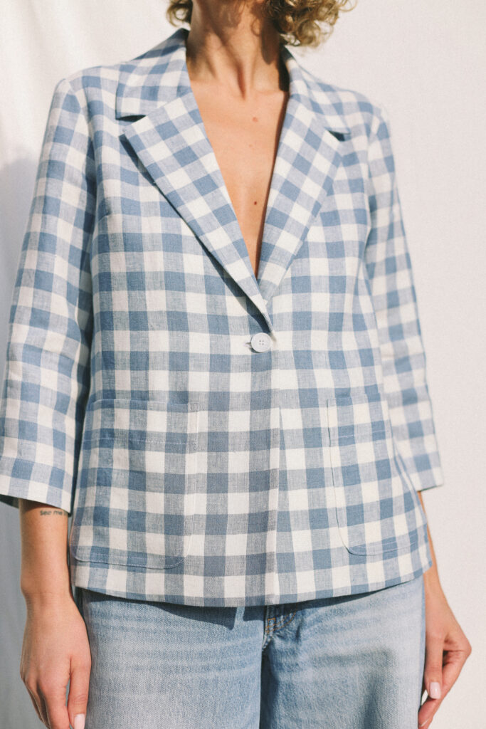 Light Blue Checks Linen Blazer with 3/4 Sleeves