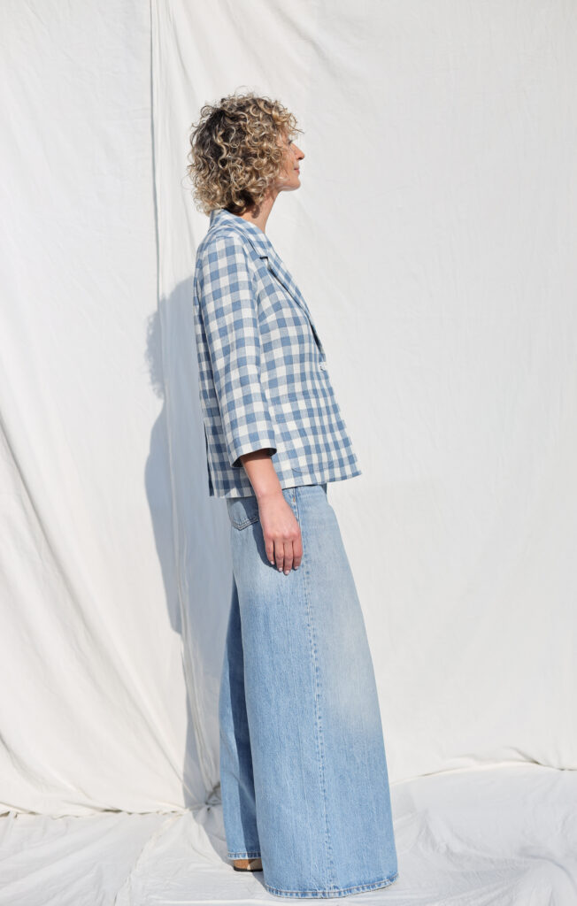 Light Blue Checks Linen Blazer with 3/4 Sleeves