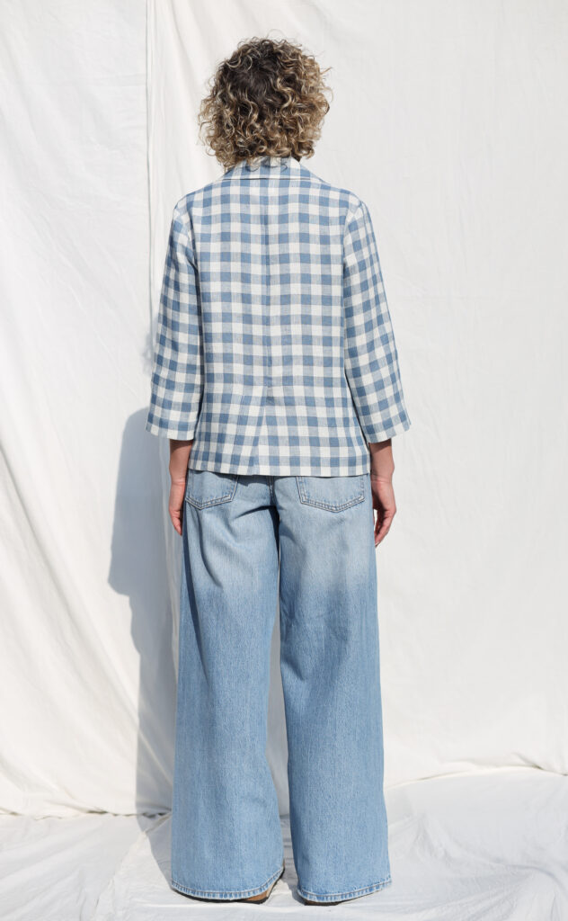 Light Blue Checks Linen Blazer with 3/4 Sleeves