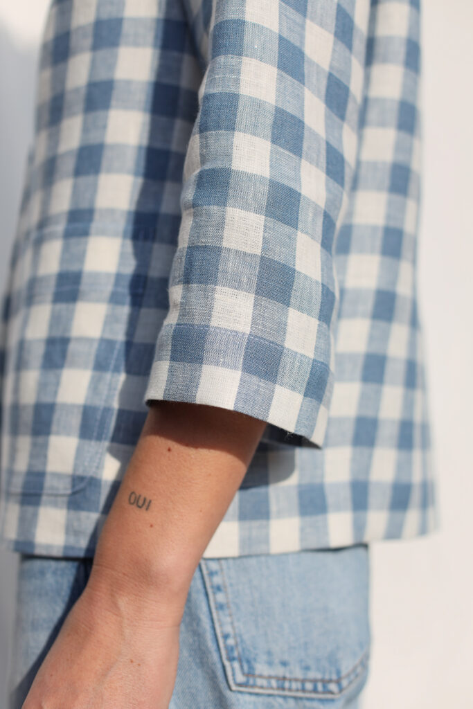 Light Blue Checks Linen Blazer with 3/4 Sleeves
