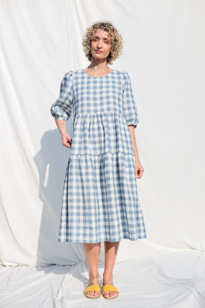 Tiered Linen Puff Sleeves Dress JULIE in Light Blue Checks