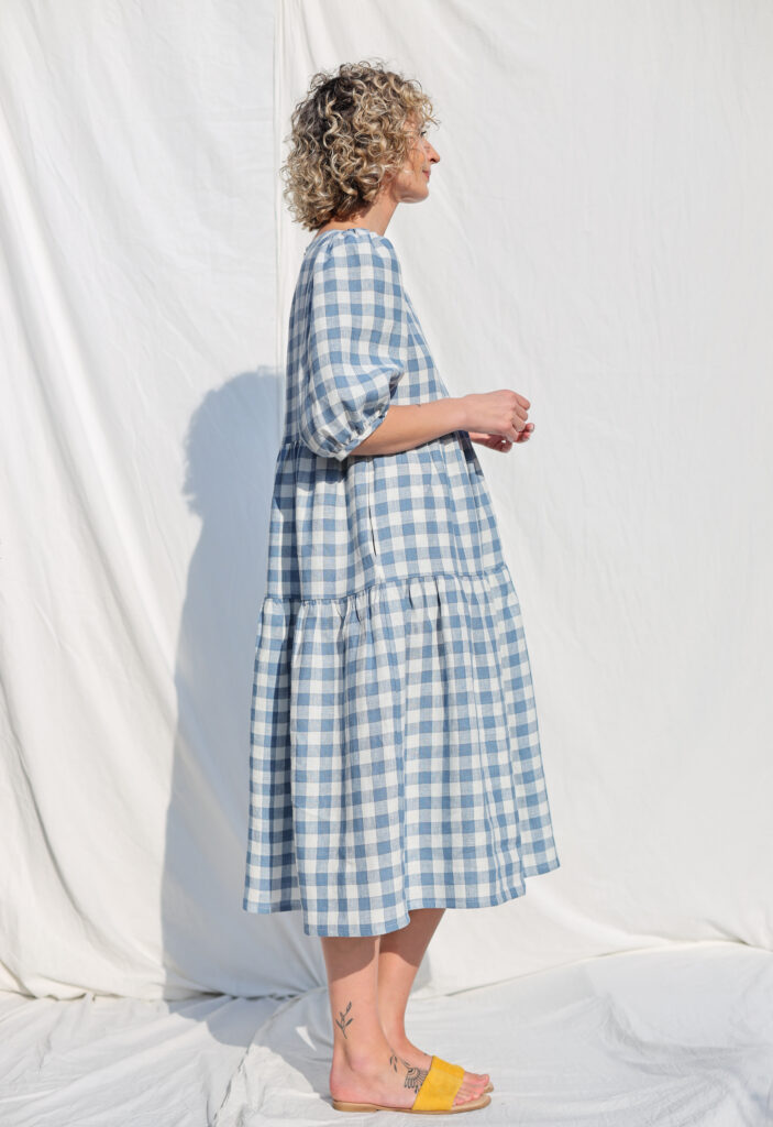 Tiered Linen Puff Sleeves Dress JULIE in Light Blue Checks