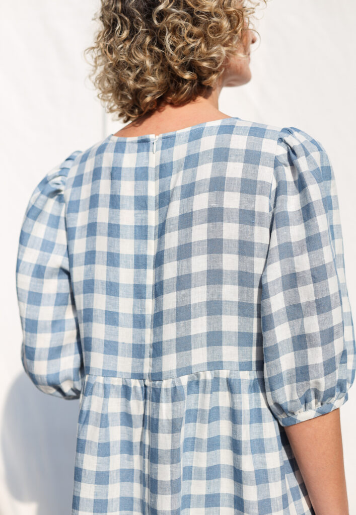 Tiered Linen Puff Sleeves Dress JULIE in Light Blue Checks