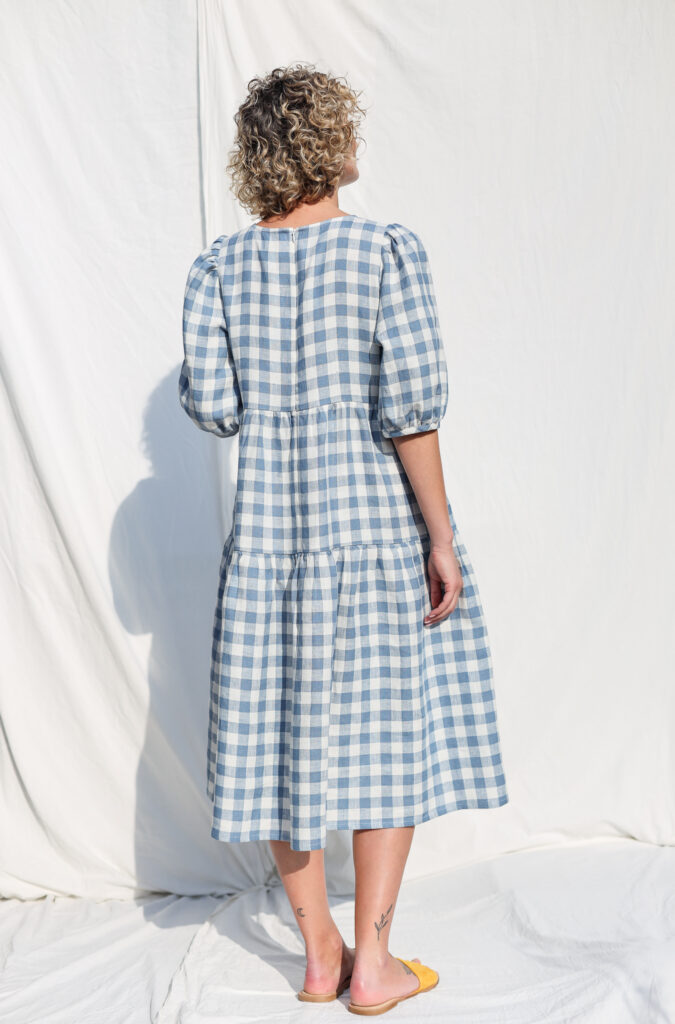 Tiered Linen Puff Sleeves Dress JULIE in Light Blue Checks