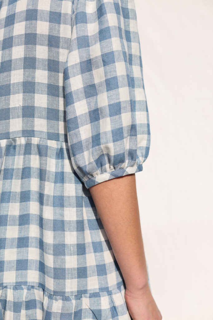 Tiered Linen Puff Sleeves Dress JULIE in Light Blue Checks