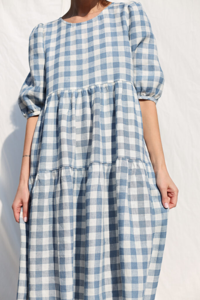 Tiered Linen Puff Sleeves Dress JULIE in Light Blue Checks | Dress | Sustainable clothing | OffOn clothing