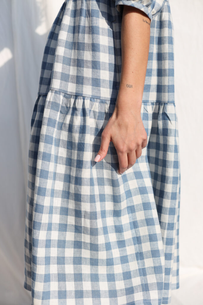 Tiered Linen Puff Sleeves Dress JULIE in Light Blue Checks