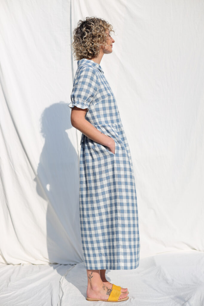 Linen button through dress MAY in light blue checks