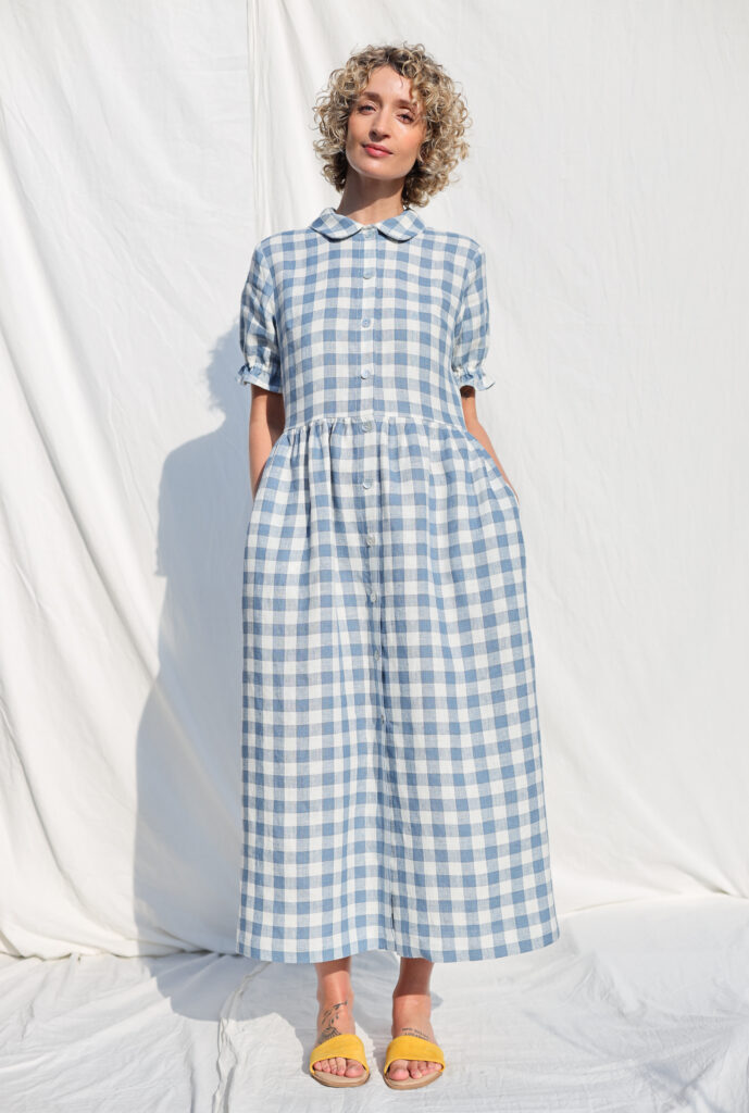 Linen button through dress MAY in light blue checks | Dress | Sustainable clothing | OffOn clothing