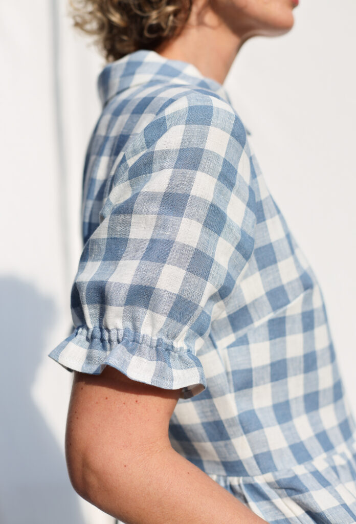 Linen button through dress MAY in light blue checks