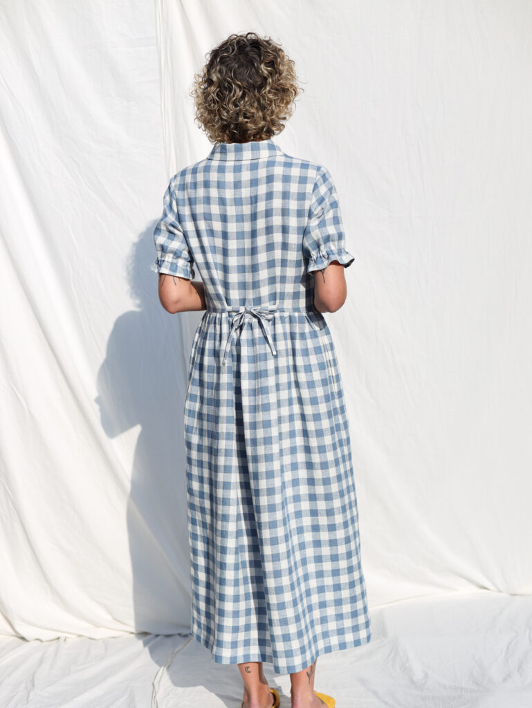 Linen button through dress MAY in light blue checks