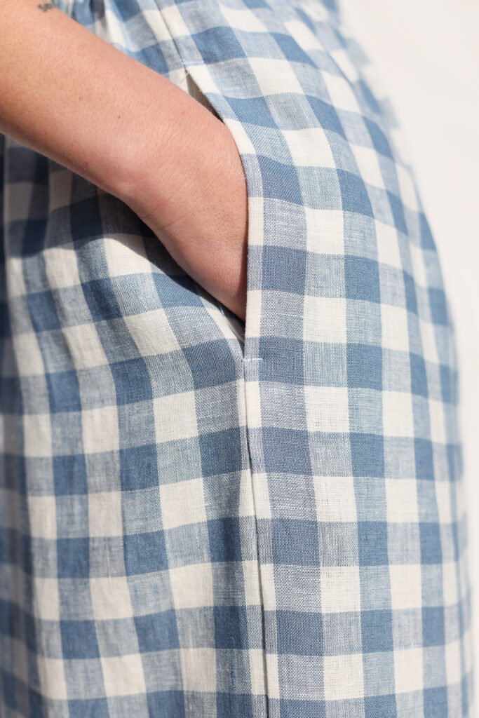 Linen button through dress MAY in light blue checks