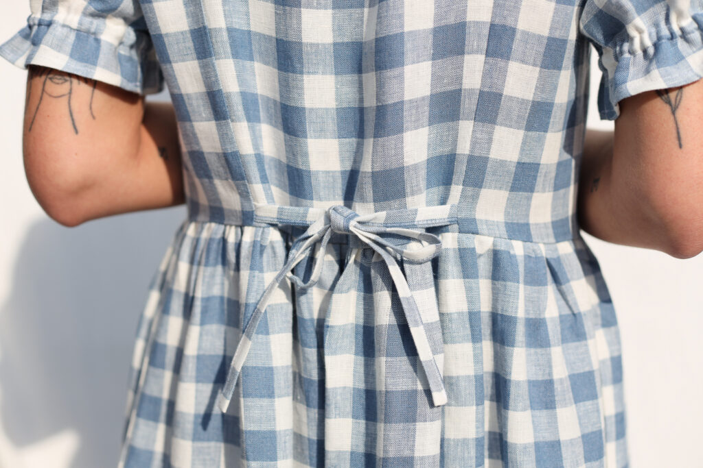 Linen button through dress MAY in light blue checks