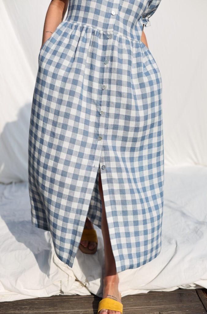 Linen button through dress MAY in light blue checks