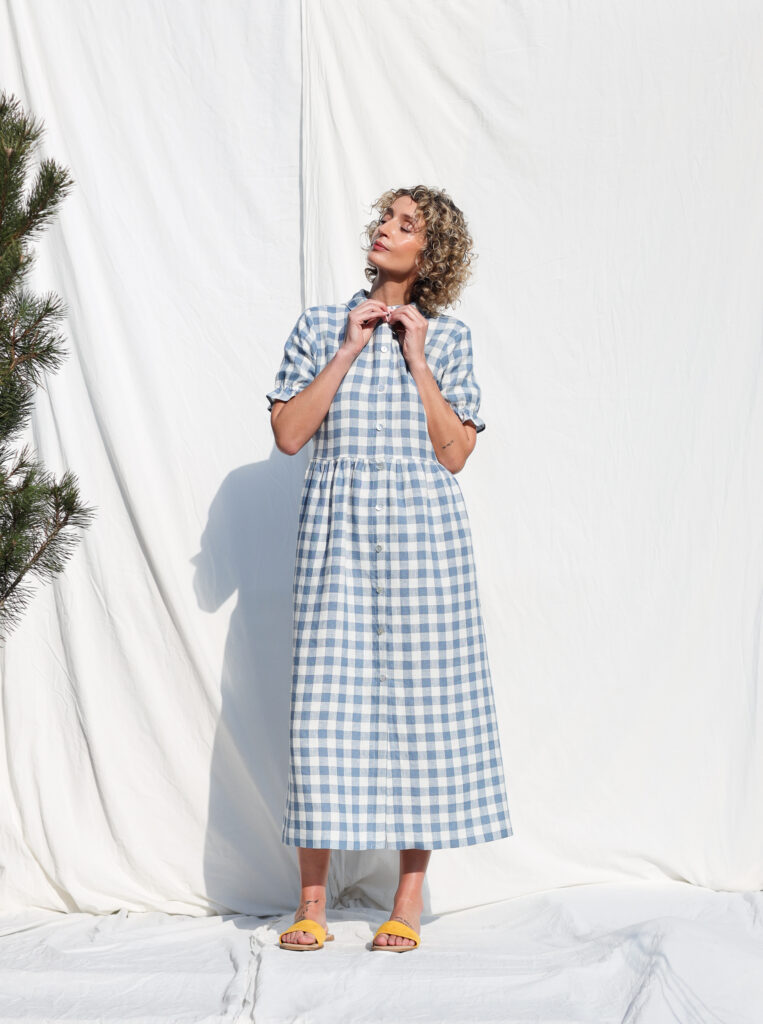 Linen button through dress MAY in light blue checks