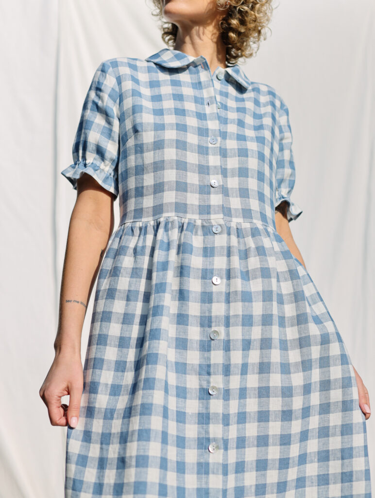 Linen button through dress MAY in light blue checks