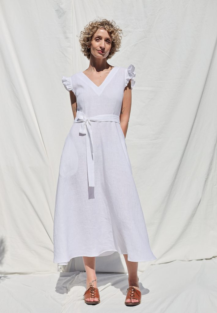 V-Neck Linen Dress with Waist Tie