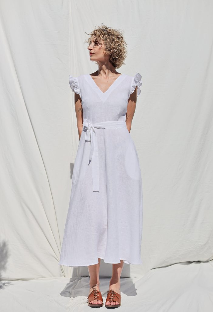 V-Neck Linen Dress with Waist Tie | Dress | Sustainable clothing | OffOn clothing