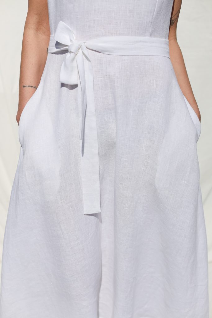 V-Neck Linen Dress with Waist Tie