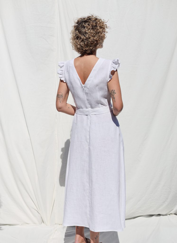 V-Neck Linen Dress with Waist Tie
