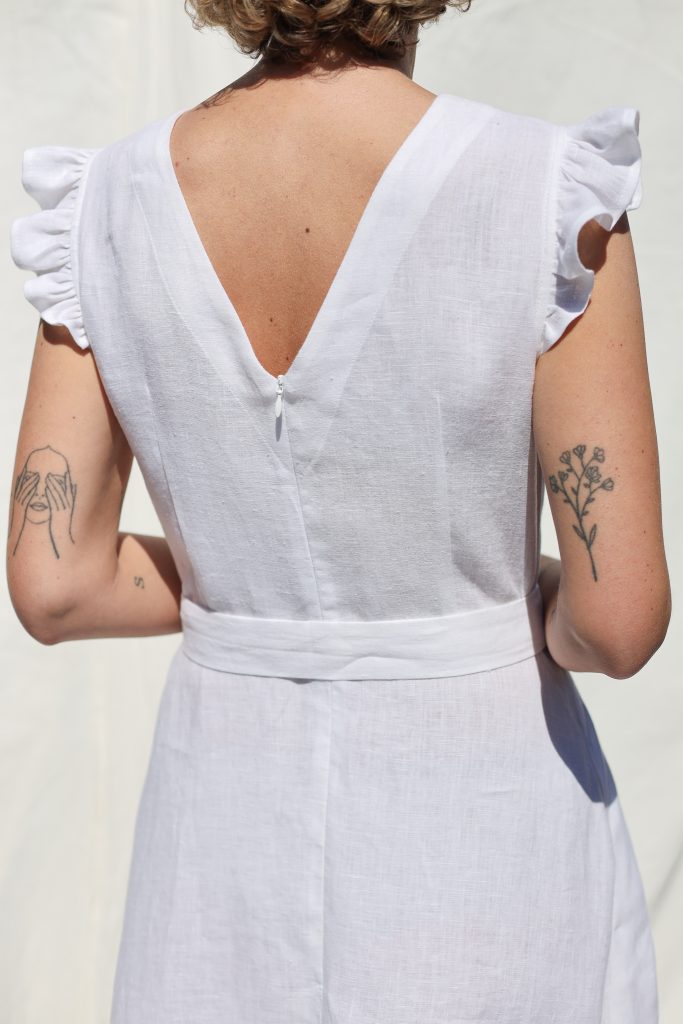 V-Neck Linen Dress with Waist Tie