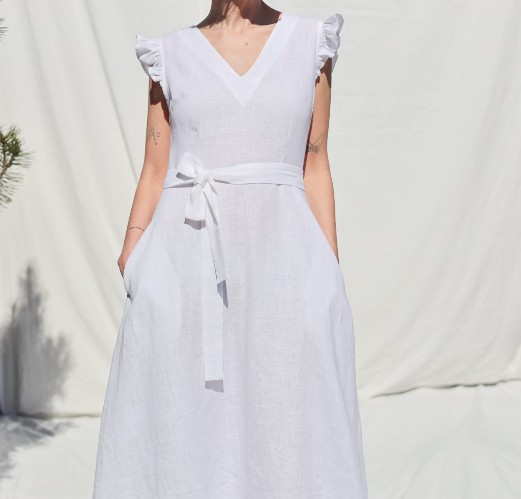 V-Neck Linen Dress with Waist Tie