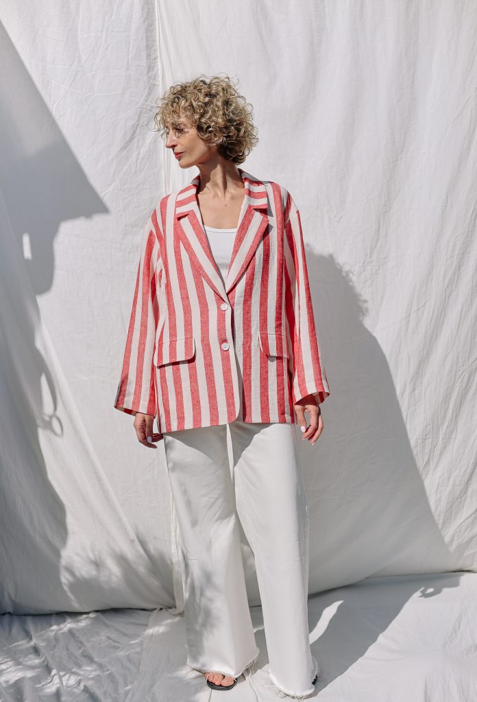 Stiped Linen Wide Sleeve Blazer