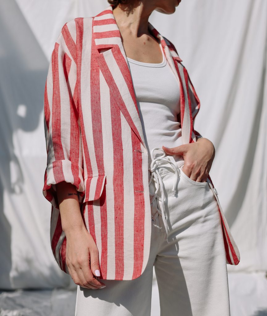 Stiped Linen Wide Sleeve Blazer