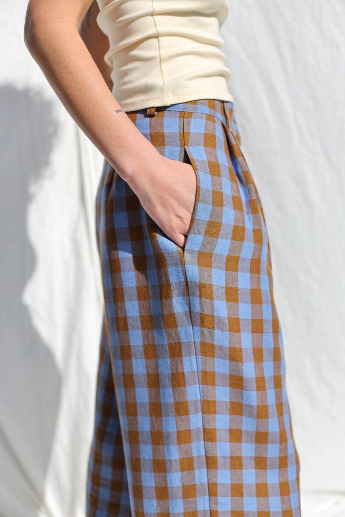 Checkered Linen Wide Leg Cropped Pants