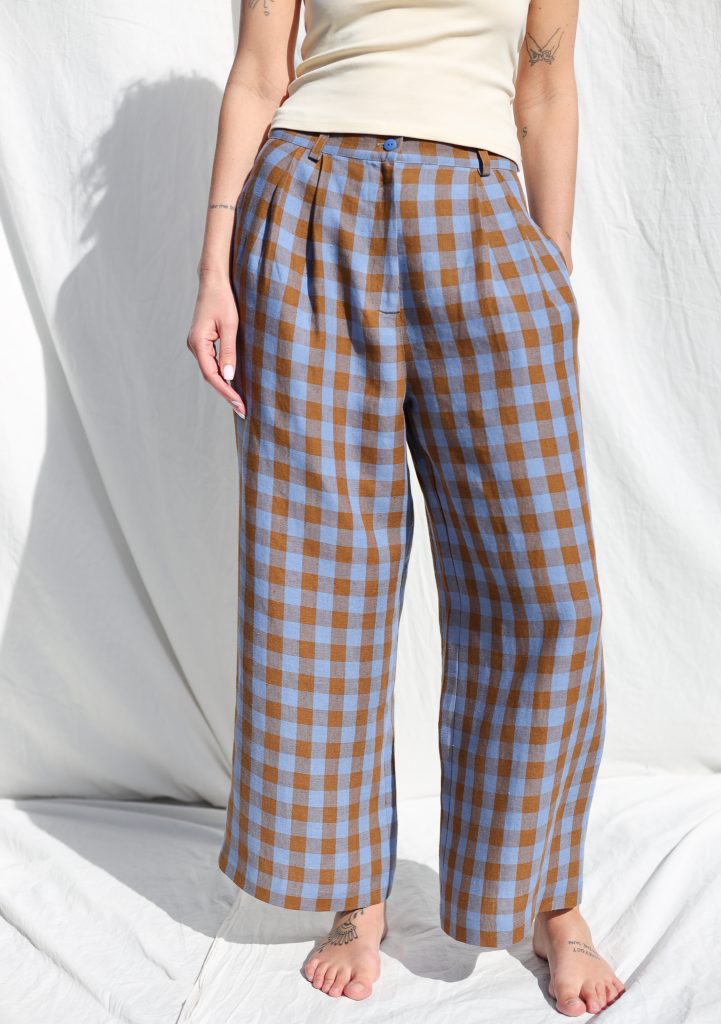 Checkered Linen Wide Leg Cropped Pants