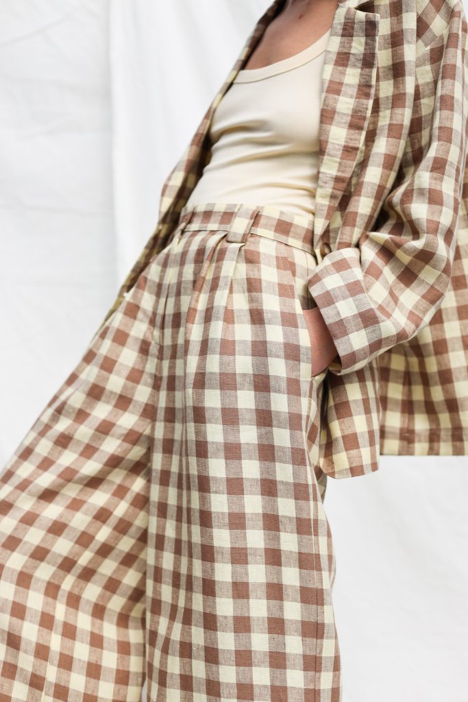 Checkered Linen High Waist Palazzo Trousers