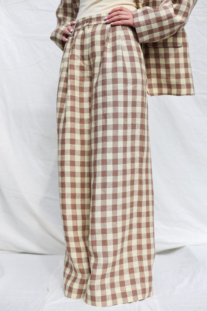 Checkered Linen High Waist Palazzo Trousers