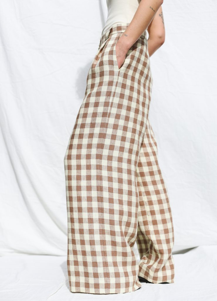 Checkered Linen High Waist Palazzo Trousers
