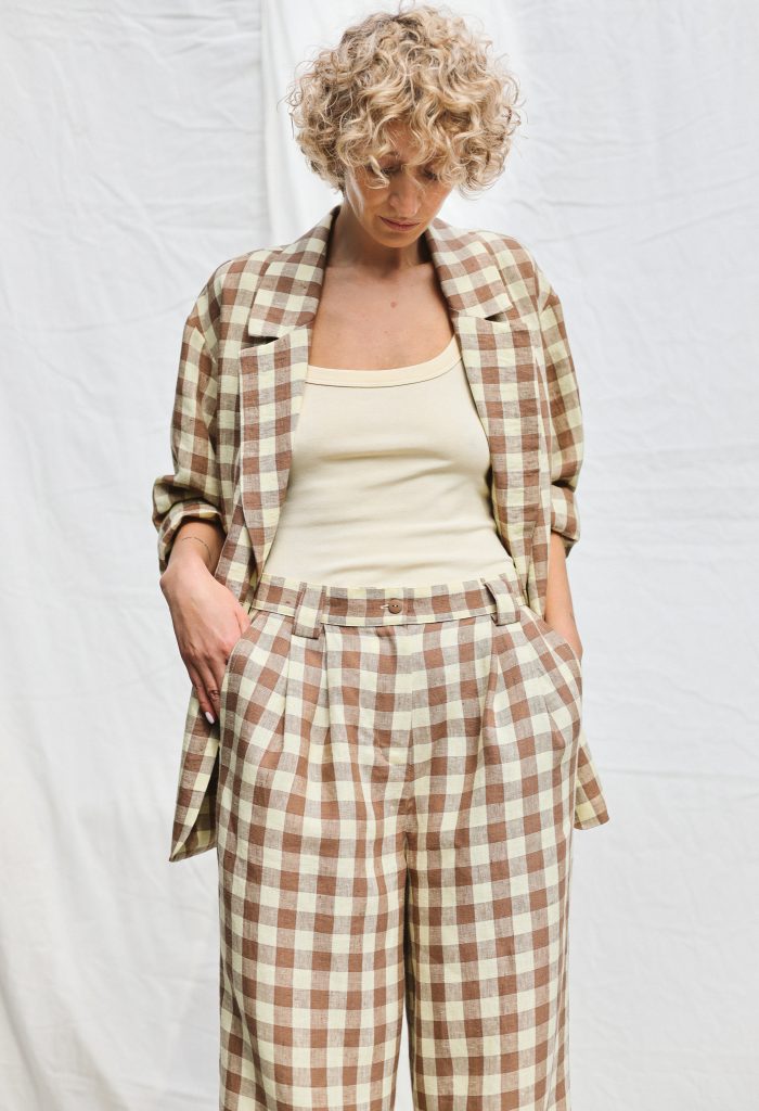 Checkered Linen High Waist Palazzo Trousers