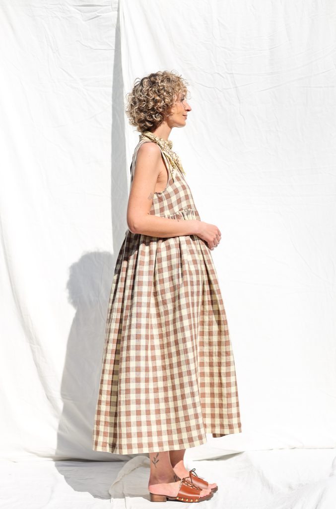 Sleveless linen smock dress in checks