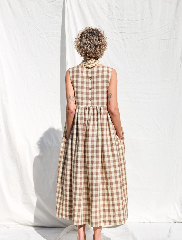 Sleveless linen smock dress in checks