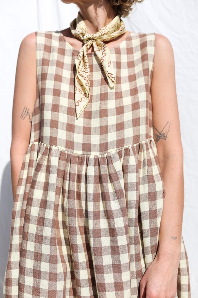 Sleveless linen smock dress in checks