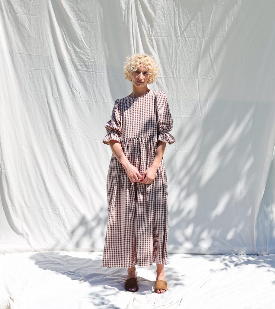 Puffy sleeves seersucker checks dress NINA