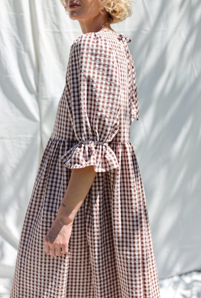 Puffy sleeves seersucker checks dress NINA
