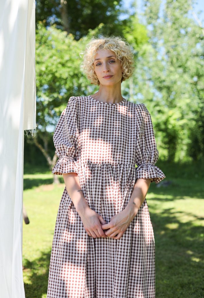 Puffy sleeves seersucker checks dress NINA