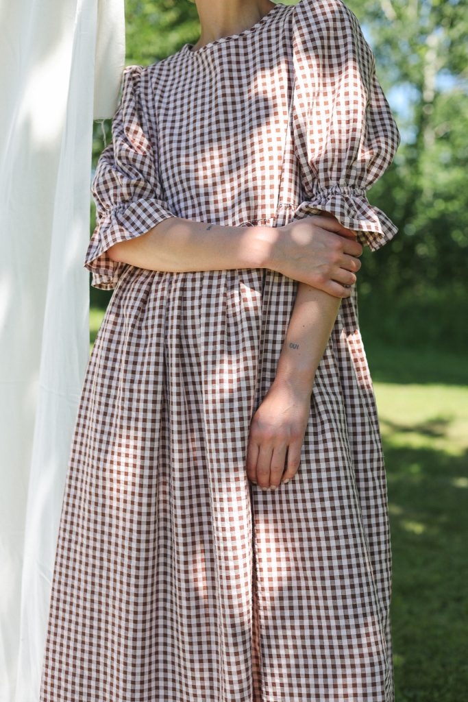 Puffy sleeves seersucker checks dress NINA